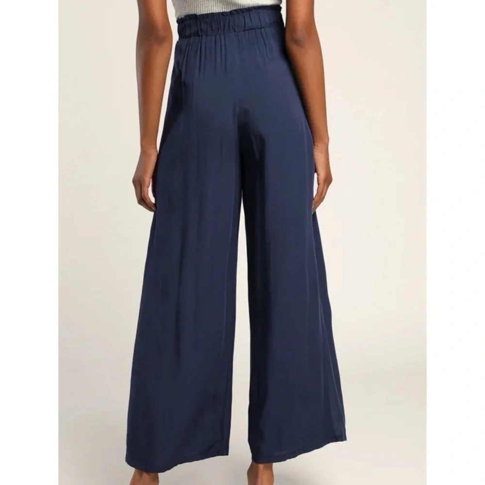Lulus Always Here For You Navy Blue Tie Front Wide Leg Pants Pull On Ankle XS - Picture 4 of 11